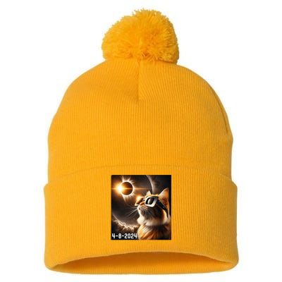 Total Solar Eclipse 2024 Cat Wearing Solar Eclipse Glasses Pom Pom 12in Knit Beanie