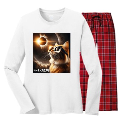 Total Solar Eclipse 2024 Cat Wearing Solar Eclipse Glasses Women's Long Sleeve Flannel Pajama Set 