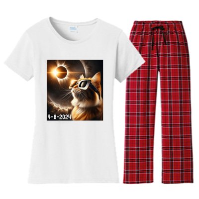 Total Solar Eclipse 2024 Cat Wearing Solar Eclipse Glasses Women's Flannel Pajama Set