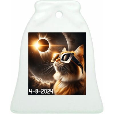 Total Solar Eclipse 2024 Cat Wearing Solar Eclipse Glasses Ceramic Bell Ornament