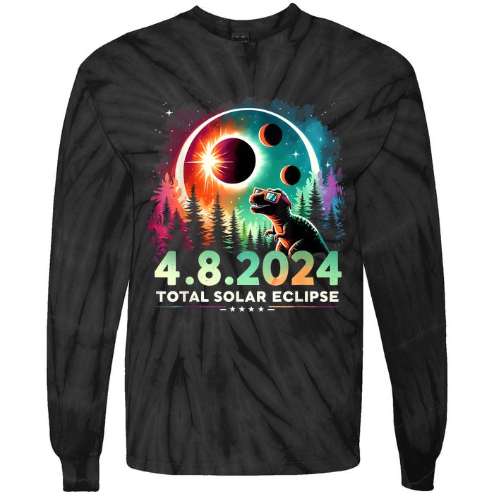 Total Solar Eclipse Funny Dinosaur Wearing Glasses Tie-Dye Long Sleeve Shirt