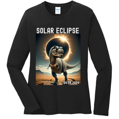 Total Solar Eclipse Trex Dinosaur April 8 2024 Ladies Long Sleeve Shirt