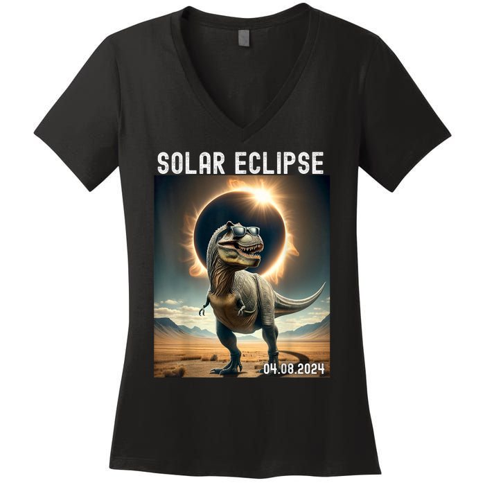 Total Solar Eclipse Trex Dinosaur April 8 2024 Women's V-Neck T-Shirt