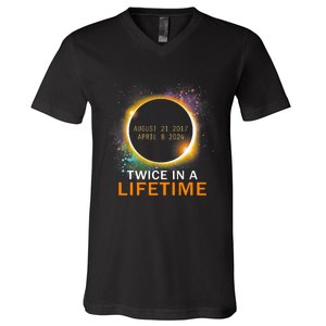 Total Solar Eclipse Twice In A Lifetime 2024 Total Eclipse V-Neck T-Shirt