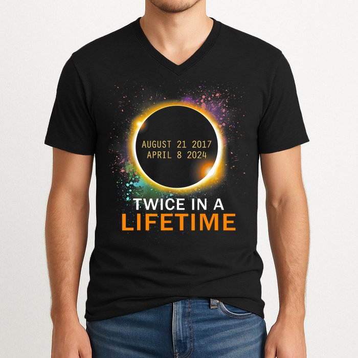 Total Solar Eclipse Twice In A Lifetime 2024 Total Eclipse V-Neck T-Shirt