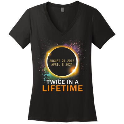 Total Solar Eclipse Twice In A Lifetime 2024 Total Eclipse Women's V-Neck T-Shirt