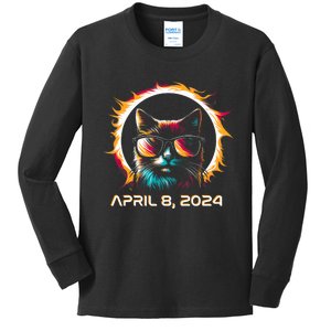 Total Solar Eclipse 2024 Cat In Astronomy Glasses Kids Long Sleeve Shirt