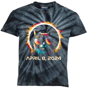 Total Solar Eclipse 2024 Cat In Astronomy Glasses Kids Tie-Dye T-Shirt