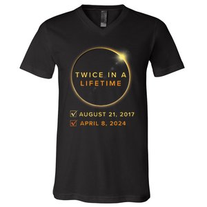 Total Solar Eclipse 2024 Phases April 8th Twice In A Lifetime V-Neck T-Shirt