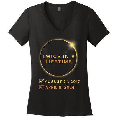 Total Solar Eclipse 2024 Phases April 8th Twice In A Lifetime Women's V-Neck T-Shirt