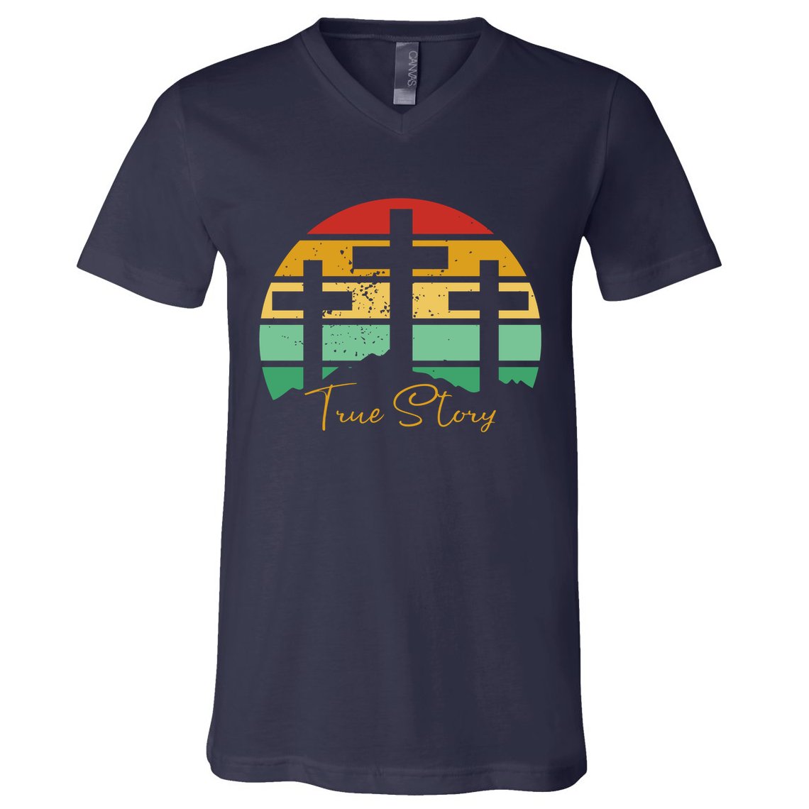 True Story Easter Cross Retro Sunset V-Neck T-Shirt