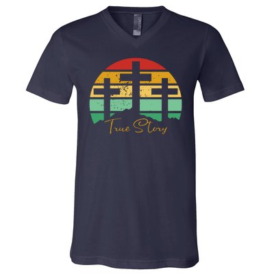 True Story Easter Cross Retro Sunset V-Neck T-Shirt