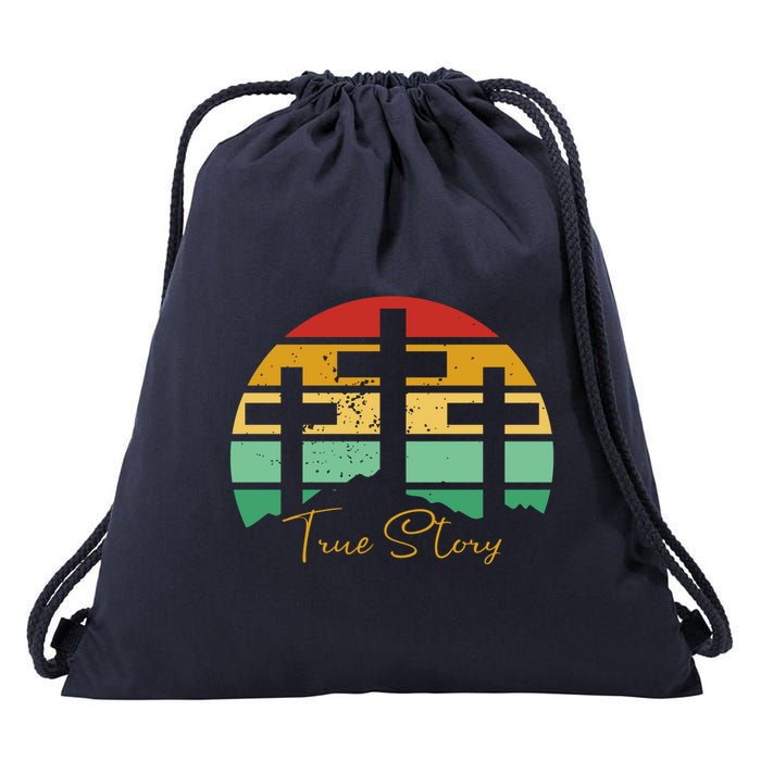 True Story Easter Cross Retro Sunset Drawstring Bag