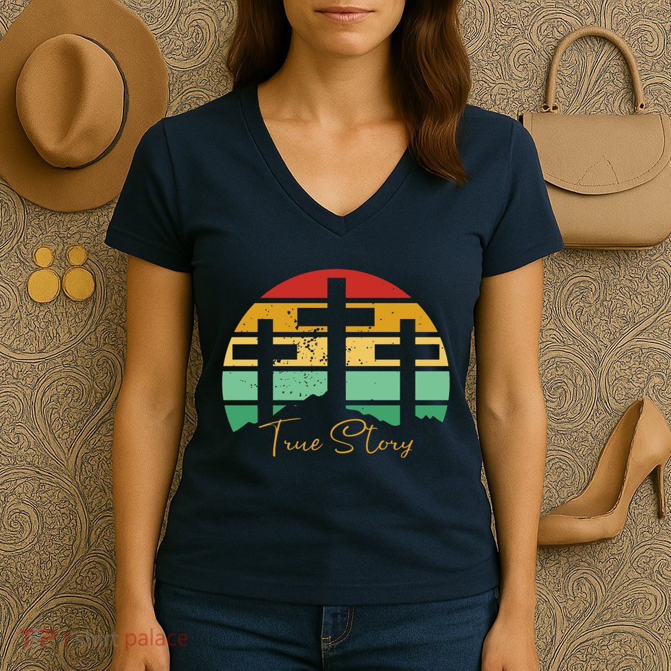 True Story Easter Cross Retro Sunset Women's V-Neck T-Shirt