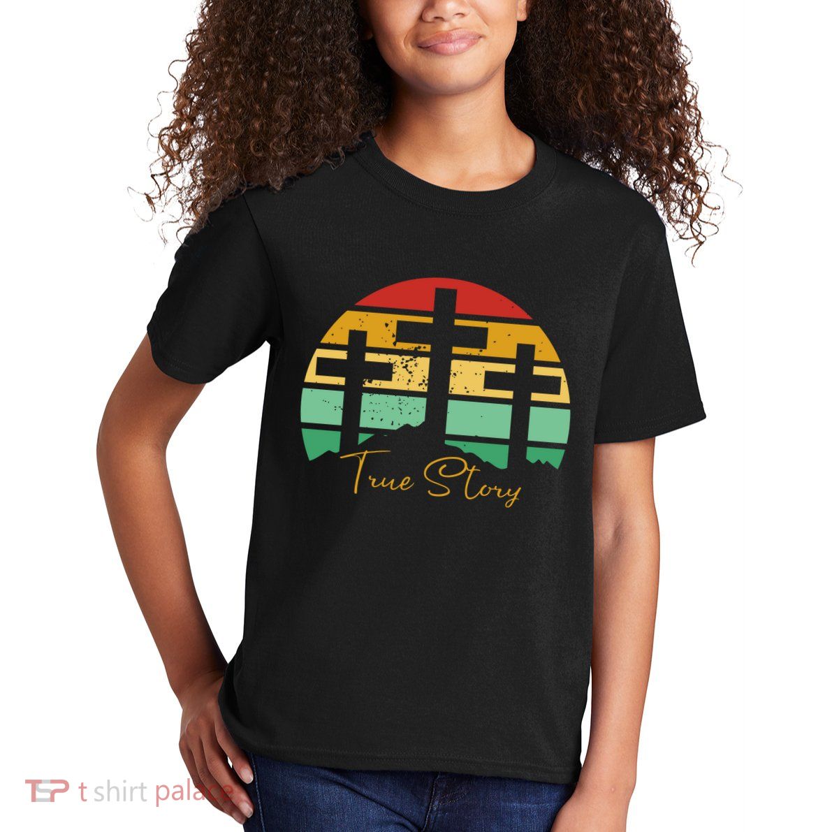 True Story Easter Cross Retro Sunset Kids T-Shirt