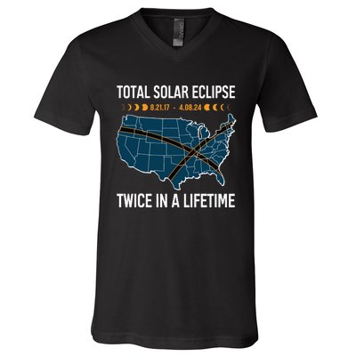 Total Solar Eclipse Twice In A Lifetime April 8 2024 V-Neck T-Shirt