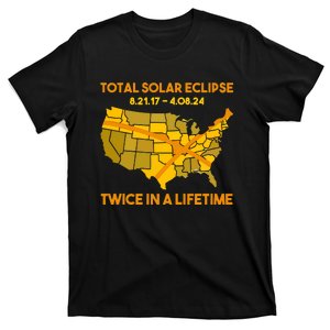 Total Solar Eclipse Twice In A Lifetime 2017 2024 April 8 2024 Usa Map T-Shirt