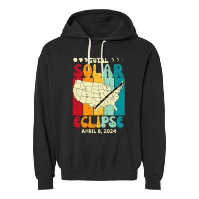 Total Solar Eclipse Usa Map Retro April 8 2024 Garment-Dyed Fleece Hoodie