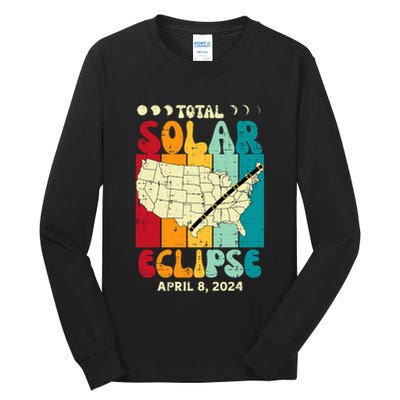 Total Solar Eclipse Usa Map Retro April 8 2024 Tall Long Sleeve T-Shirt