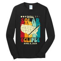 Total Solar Eclipse Usa Map Retro April 8 2024 Tall Long Sleeve T-Shirt
