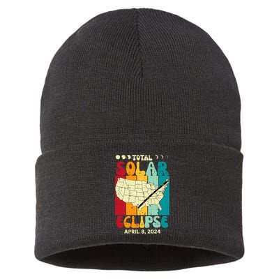 Total Solar Eclipse Usa Map Retro April 8 2024 Sustainable Knit Beanie