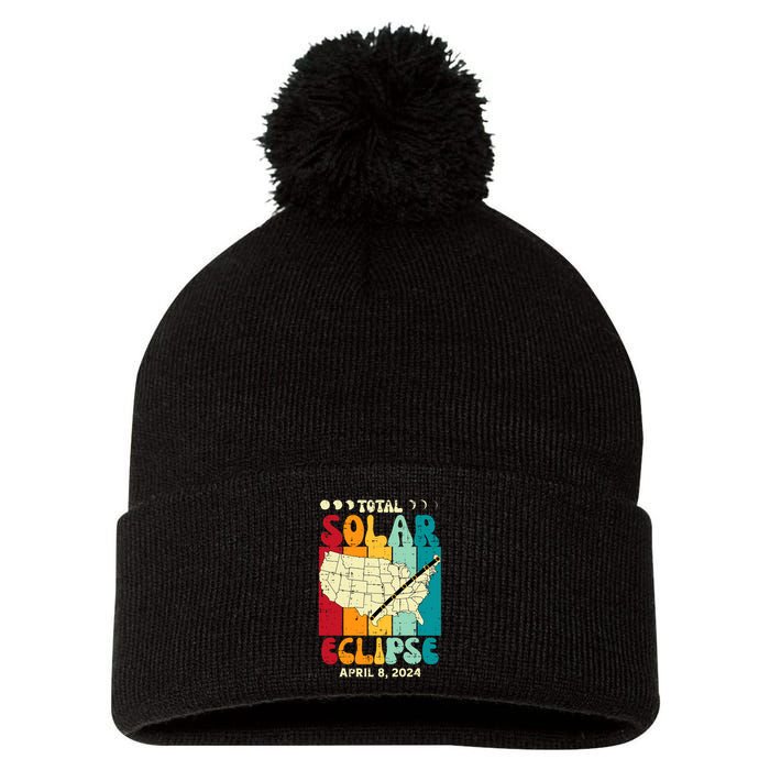 Total Solar Eclipse Usa Map Retro April 8 2024 Pom Pom 12in Knit Beanie