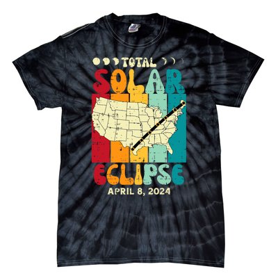 Total Solar Eclipse Usa Map Retro April 8 2024 Tie-Dye T-Shirt