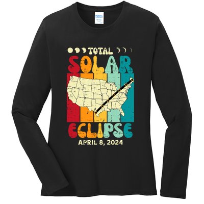 Total Solar Eclipse Usa Map Retro April 8 2024 Ladies Long Sleeve Shirt
