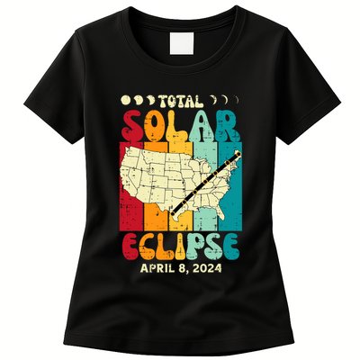 Total Solar Eclipse Usa Map Retro April 8 2024 Womens T-Shirt