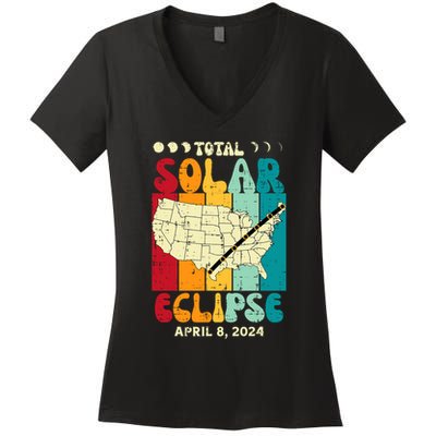 Total Solar Eclipse Usa Map Retro April 8 2024 Women's V-Neck T-Shirt