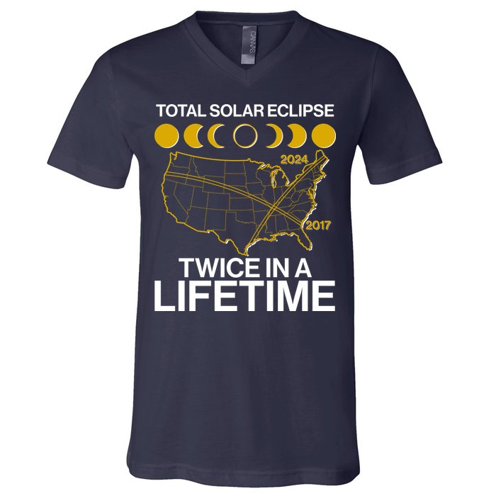 Total Solar Eclipse Twice In A Lifetime 2017 2024 V-Neck T-Shirt