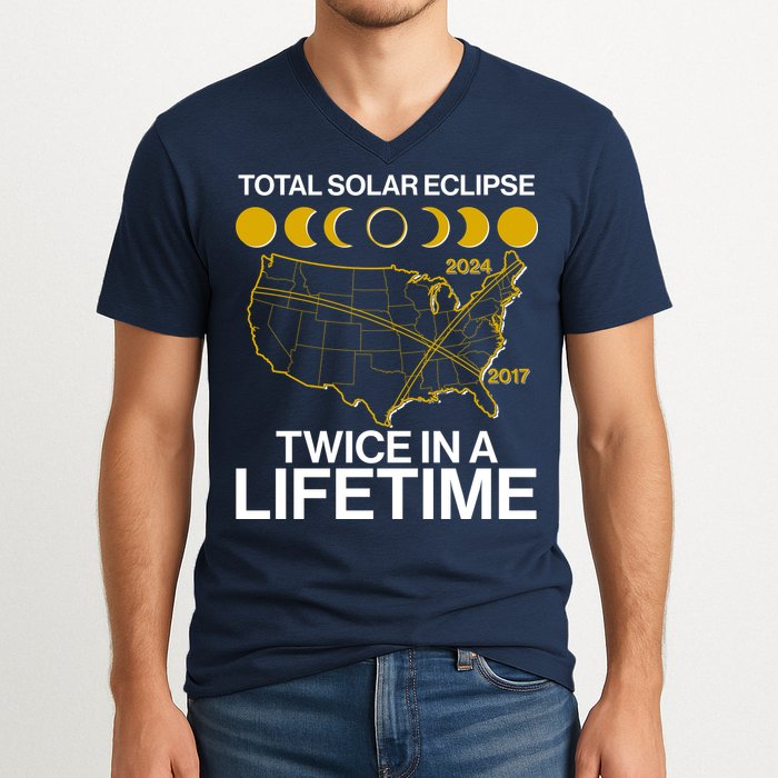 Total Solar Eclipse Twice In A Lifetime 2017 2024 V-Neck T-Shirt