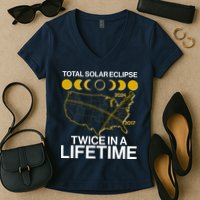 Total Solar Eclipse Twice In A Lifetime 2017 2024 Women's V-Neck T-Shirt