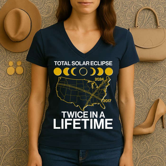 Total Solar Eclipse Twice In A Lifetime 2017 2024 Women's V-Neck T-Shirt