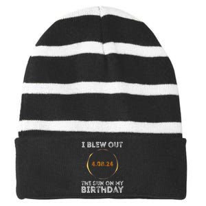 Total Solar Eclipse 4.08.24 Birthday Funny Quote Totality Striped Beanie with Solid Band