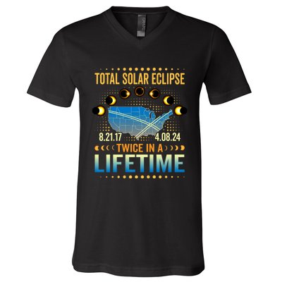 Total Solar Eclipse 2024 Sun Is Getting Mooned Design Twice In A Lifetime V-Neck T-Shirt