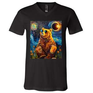 Total Solar Eclipse Grizzly Bear V-Neck T-Shirt