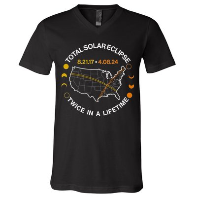 Total Solar Eclipse Twice In A Lifetime Aug 21 2017 April 08 2024 V-Neck T-Shirt