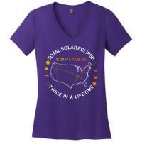 Total Solar Eclipse Twice In A Lifetime Aug 21 2017 April 08 2024 Women's V-Neck T-Shirt