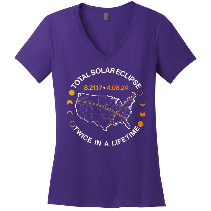 Total Solar Eclipse Twice In A Lifetime Aug 21 2017 April 08 2024 Women's V-Neck T-Shirt