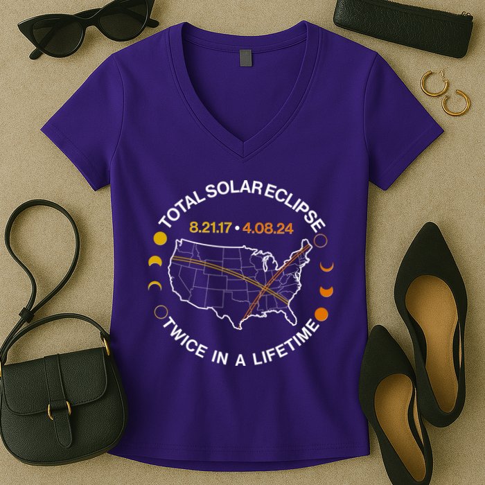 Total Solar Eclipse Twice In A Lifetime Aug 21 2017 April 08 2024 Women's V-Neck T-Shirt