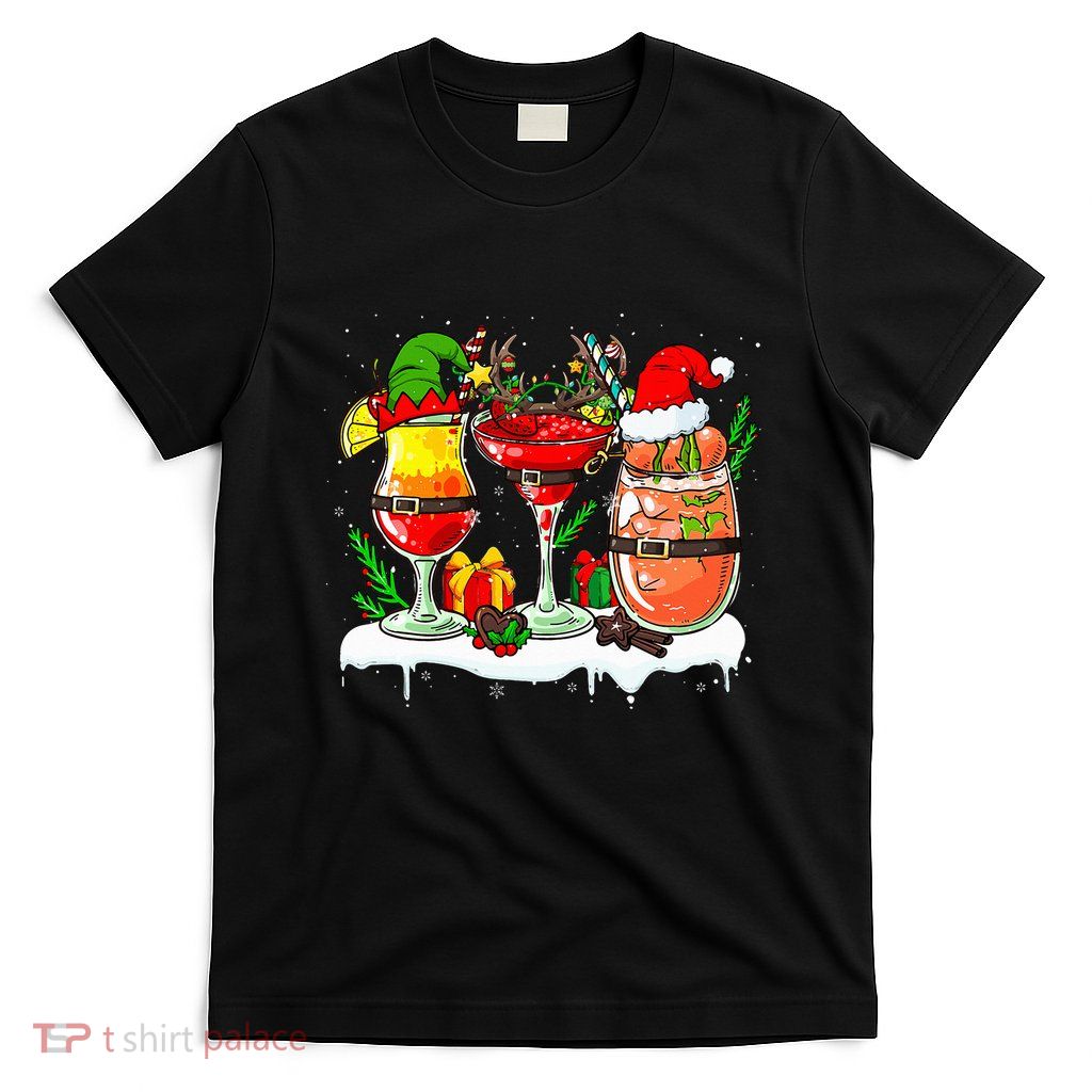 Three Santa Elf Reindeer Cocktail Christmas Drinker Drunker T-Shirt