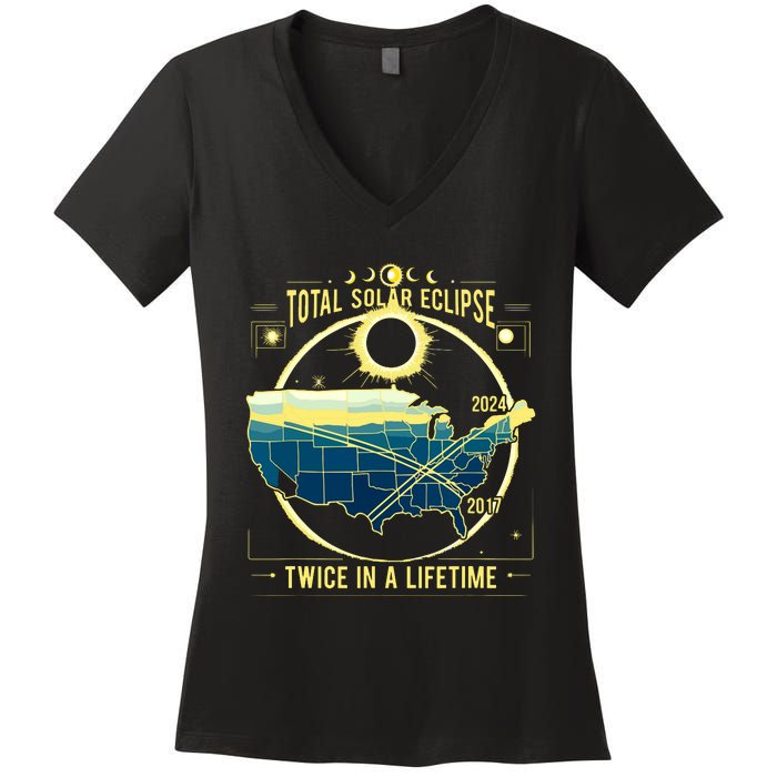 Total Solar Eclipse Twice In A Lifetime 2024 Women's V-Neck T-Shirt