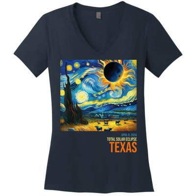 Total Solar Eclipse 2024 Texas Painting Women's V-Neck T-Shirt