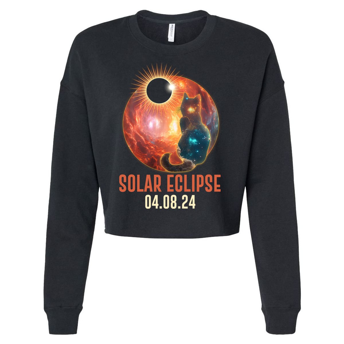 Total Solar Eclipse Galaxy Space Cat Cropped Pullover Crew