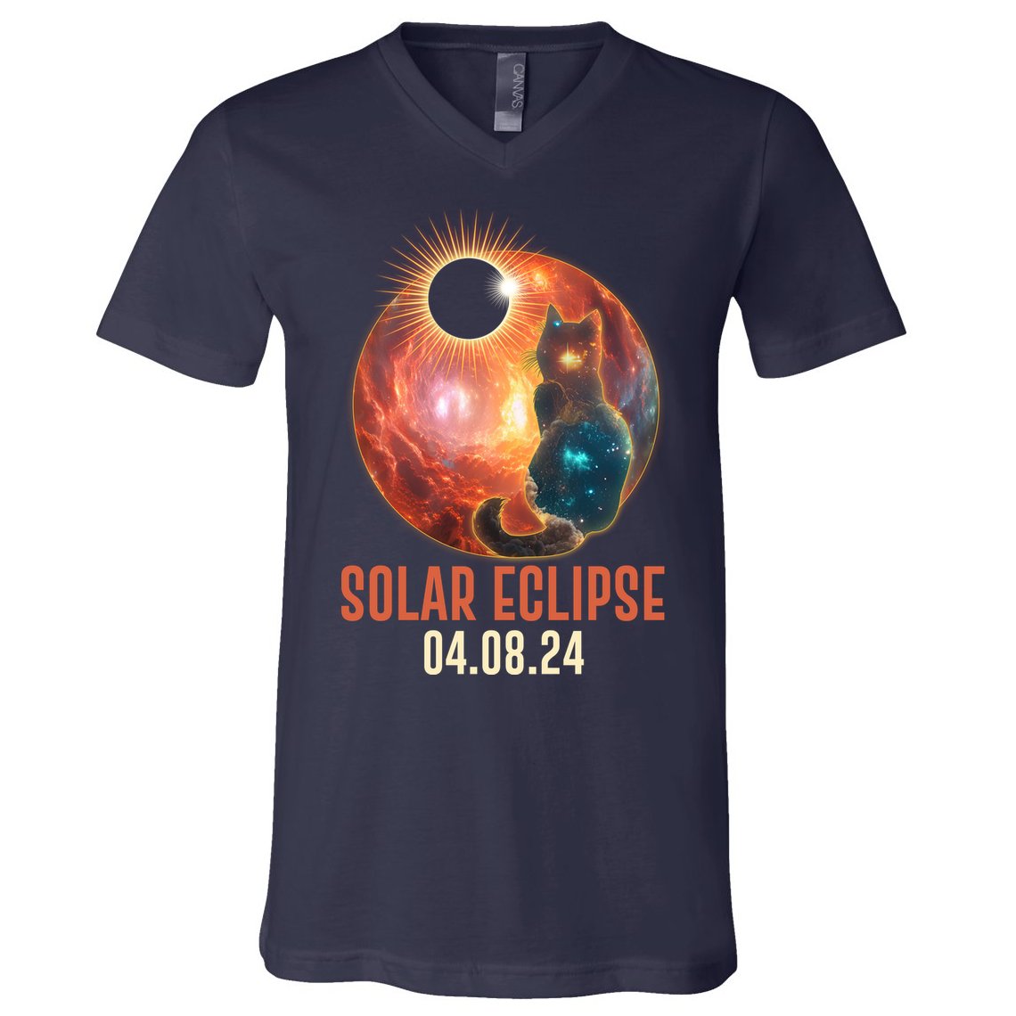 Total Solar Eclipse Galaxy Space Cat V-Neck T-Shirt