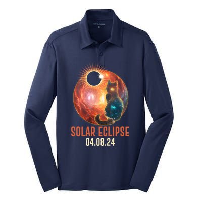 Total Solar Eclipse Galaxy Space Cat Silk Touch Performance Long Sleeve Polo