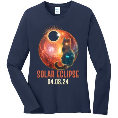 Total Solar Eclipse Galaxy Space Cat Ladies Long Sleeve Shirt