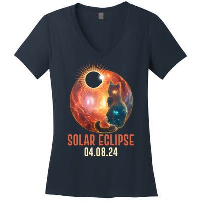 Total Solar Eclipse Galaxy Space Cat Women's V-Neck T-Shirt