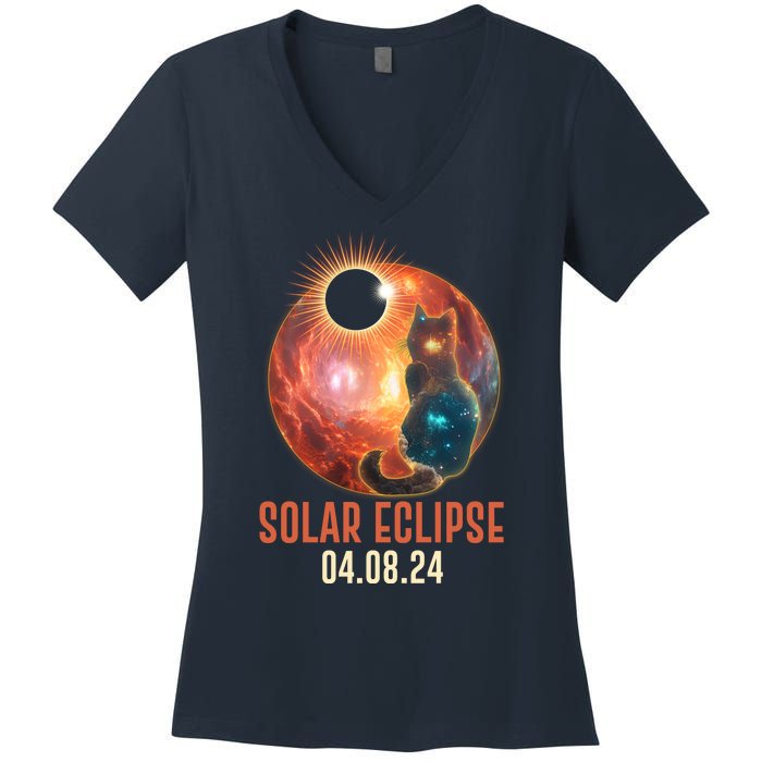 Total Solar Eclipse Galaxy Space Cat Women's V-Neck T-Shirt